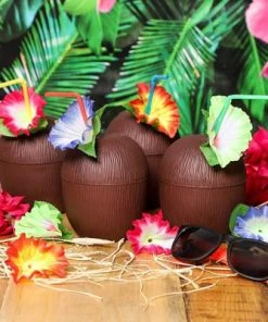 12-Pack Juvale Coconut Cups with Straws & Hawaiian Hibiscus Flower Decorate, 16oz Food Grade PVC Cup, Ideal for Tropical Luau Party Supplies