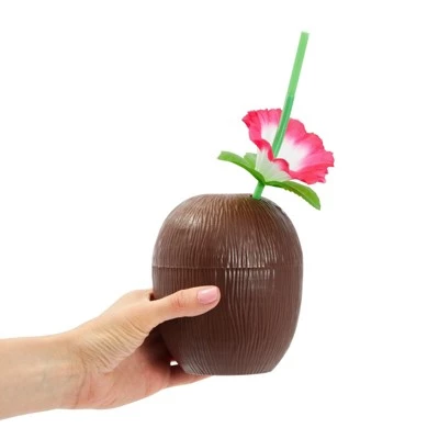 12-Pack Juvale Coconut Cups with Straws & Hawaiian Hibiscus Flower Decorate, 16oz Food Grade PVC Cup, Ideal for Tropical Luau Party Supplies - Image 3