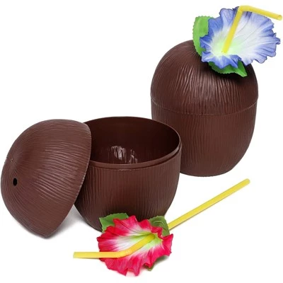 12-Pack Juvale Coconut Cups with Straws & Hawaiian Hibiscus Flower Decorate, 16oz Food Grade PVC Cup, Ideal for Tropical Luau Party Supplies - Image 6