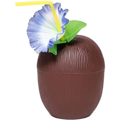 12-Pack Juvale Coconut Cups with Straws & Hawaiian Hibiscus Flower Decorate, 16oz Food Grade PVC Cup, Ideal for Tropical Luau Party Supplies - Image 7
