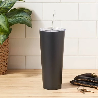 Room Essentials 25oz Double Walled Stainless Steel Vacuum Tumbler with Silicone Lid & Straw White