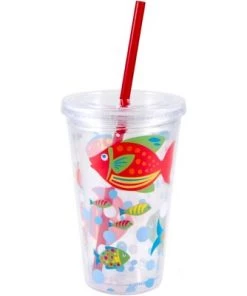Boston Warehouse Go Fish Travel Cup with Straw, 16 Ounce