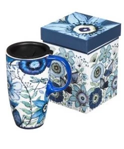 Evergreen Shades of Indigo Ceramic Latte Travel Cup w/Gift Box , 17 oz.