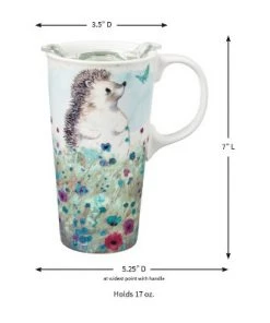 Evergreen Ceramic Travel Cup, 17 OZ. ,w/box and Tritan Lid, Headgehog in the meadow