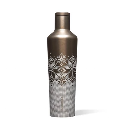 Corkcicle Canteen 25 Ounce Triple Insulated Stainless Steel Drink Bottle with Screw On Cap for Hot and Cold Beverages, Fairisle Gold
