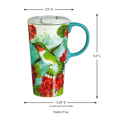 Evergreen Hummingbird Trio Ceramic Travel Coffee Mug, 17 ounces