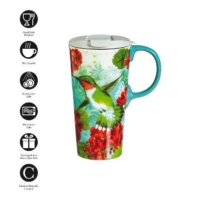 Evergreen Hummingbird Trio Ceramic Travel Coffee Mug, 17 ounces - Image 2