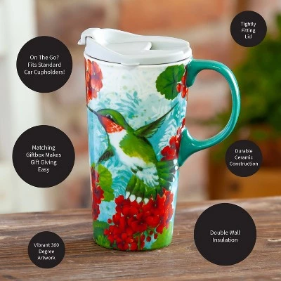 Evergreen Hummingbird Trio Ceramic Travel Coffee Mug, 17 ounces - Image 4