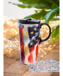 Evergreen Beautiful American Flag Ceramic Travel Cup with Lid - 5 x 4 x 7 Inches