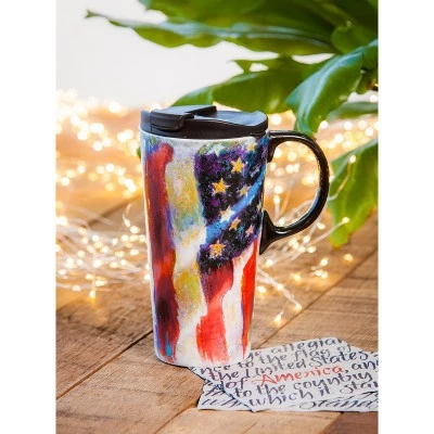 Evergreen Beautiful American Flag Ceramic Travel Cup with Lid - 5 x 4 x 7 Inches