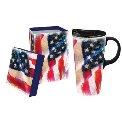 Evergreen Beautiful American Flag Ceramic Travel Cup with Lid - 5 x 4 x 7 Inches - Image 2