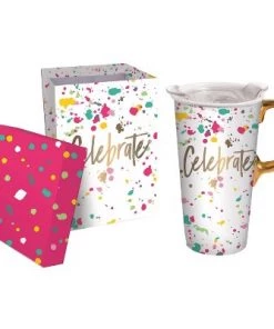 Evergreen Beautiful Celebrate Ceramic Travel Cup with Lid - 5 x 4 x 7 Inches