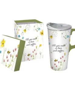 Evergreen Beautiful All You Need is Love and Coffee Ceramic Travel Cup - 5 x 7 x 4 Inches