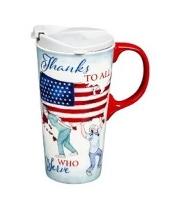 Evergreen Ceramic Travel Cup, 17 Oz., w/ box, Thanks To All Who Serve