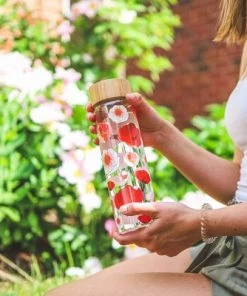 GROSCHE VENICE Eco-Friendly Glass Water Bottle with Bamboo lid and Protective Sleeve, 22.6 fl oz Capacity, Red Poppy