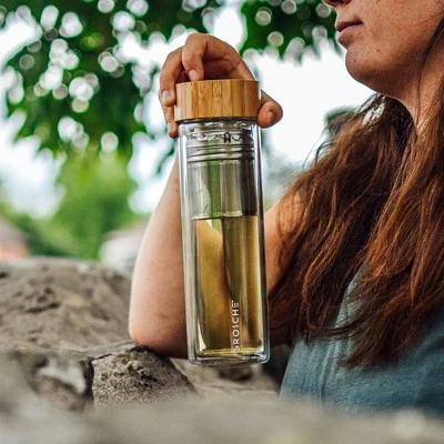 GROSCHE COPENHAGEN Double Walled Glass Tea Infuser Water Bottle, Insulated Bottle with Protective Sleeve, 14.3 fl oz. Capacity