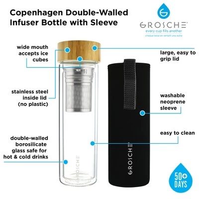 GROSCHE COPENHAGEN Double Walled Glass Tea Infuser Water Bottle, Insulated Bottle with Protective Sleeve, 14.3 fl oz. Capacity - Image 2