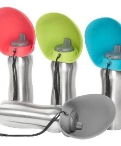 Messy Mutts Stainless Steel 24 Ounce Travel Water Bottle with Blue Silicone Flip Up Bowl